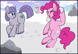 Size: 700x483 | Tagged: safe, artist:lulubell, derpibooru import, maud pie, pinkie pie, earth pony, pony, snowball fight, snowpony