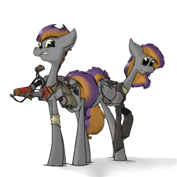 Size: 960x960 | Tagged: safe, artist:sinrar, derpibooru import, oc, oc only, oc:sinrar, oc:sizzle, earth pony, pegasus, pony, fallout equestria, clothes, earring, flamethrower, piercing, twins, weapon