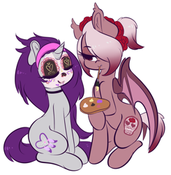 Size: 4108x4191 | Tagged: safe, artist:wickedsilly, oc, oc only, oc:kala vera, oc:wicked silly, bat pony, pony, unicorn, absurd resolution, bat pony oc, cute, día de muertos, eyes closed, face paint, female, mouth hold, paintbrush, ponysona, simple background, smiling