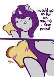 Size: 3531x4953 | Tagged: safe, artist:wickedsilly, oc, oc:wicked silly, pony, unicorn, blushing, bread, comic, dialogue, female, food, ponysona, simple background, smiling, uguu