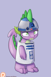 Size: 925x1400 | Tagged: safe, artist:alasou, derpibooru import, spike, dragon, clothes, cosplay, costume, male, patreon, patreon logo, r2-d2, solo, star wars, unamused