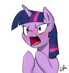 Size: 608x647 | Tagged: safe, artist:lunapaws, artist:silfoe, derpibooru import, twilight sparkle, pony, angry, blushing, colored, female, mare, open mouth, raised hoof, simple background, solo, transparent background, yelling