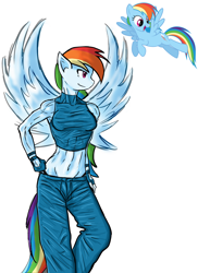 Size: 1100x1511 | Tagged: safe, artist:leonardofrei, rainbow dash, anthro, belly button, clothes, midriff, muscles, pants, solo