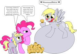 Size: 1024x721 | Tagged: safe, artist:beats0me, derpy hooves, dinky hooves, pinkie pie, earth pony, pegasus, pony, aderpose, blushing, circle tool, fat, female, heart, mare, morbidly obese, muffin, obese, speech bubble