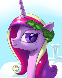 Size: 1600x2011 | Tagged: safe, artist:andypriceart, artist:nadnerbd, derpibooru import, princess cadance, alicorn, pony, bedroom eyes, cover art, fanfic art, laurel wreath, lidded eyes, looking at you, portrait, smiling, solo