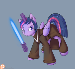 Size: 1300x1200 | Tagged: safe, artist:alasou, derpibooru import, twilight sparkle, twilight sparkle (alicorn), alicorn, pony, alternate hairstyle, clothes, female, glowing horn, levitation, lightsaber, magic, mare, obi wan kenobi, patreon, patreon logo, robe, short hair, simple background, solo, star wars, telekinesis, weapon