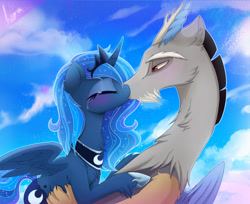 Size: 1600x1307 | Tagged: safe, artist:magnaluna, derpibooru import, discord, princess luna, alicorn, pony, blushing, crying, female, kissing, lunacord, male, shipping, straight