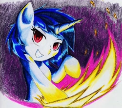 Size: 2299x2052 | Tagged: safe, artist:elusiveautumn, dj pon-3, vinyl scratch, pony, unicorn, grin, missing accessory, smiling, solo, sparks, traditional art, wrong eye color