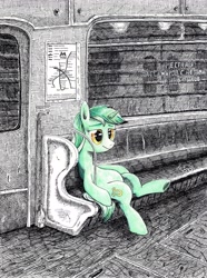 Size: 3438x4613 | Tagged: safe, artist:mcstalins, lyra heartstrings, pony, unicorn, colored pencil drawing, metro, monochrome, neo noir, partial color, russia, russian, saint petersburg, sitting, sitting lyra, smiling, solo, style emulation, subway, traditional art, train
