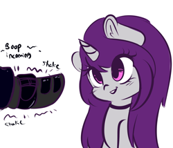 Size: 3006x2573 | Tagged: safe, artist:wickedsilly, oc, oc only, oc:wicked silly, pony, unicorn, armor, bomb squad, boots, choker, cute, female, grin, head tilt, hooves, imminent boop, mare, misleading thumbnail, shoes, simple background, sitting, smiling, solo focus, this will end in tears and/or death, white background