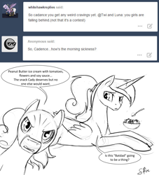 Size: 1280x1407 | Tagged: safe, artist:silfoe, derpibooru import, princess cadance, shining armor, alicorn, pony, unicorn, batdad, batman, cravings, food, grayscale, ice cream, mask, monochrome, pregnant, royal sketchbook