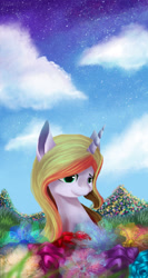 Size: 1700x3185 | Tagged: safe, artist:lunaritass, oc, oc only, oc:lightning heart, pony, unicorn, flower, sky, solo