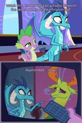 Size: 640x959 | Tagged: safe, edit, edited screencap, screencap, dragon lord ember, princess ember, spike, thorax, changedling, changeling, dragon, school daze, i love lisa, implied embrax, king thorax, remote, simpsons did it, the simpsons