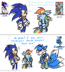 Size: 1000x1100 | Tagged: safe, artist:hoshinousagi, derpibooru import, rainbow dash, oc, oc:molly, anthro, bandage, crossover, engrish, non-mlp oc, sonic boom, sonic the hedgehog, sonic the hedgehog (series), sonicified, vulgar