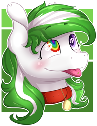 Size: 1721x2232 | Tagged: safe, artist:baldmoose, oc, oc only, oc:lea, earth pony, pony, blushing, bust, collar, cute, female, heterochromia, mare, medallion, piercing, portrait, purple eyes, rainbow eyes, simple background, tongue out, tongue piercing, two colour hair