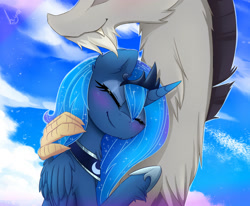 Size: 1600x1320 | Tagged: safe, artist:magnaluna, derpibooru import, discord, princess luna, alicorn, pony, blushing, cute, female, hug, lunacord, male, shipping, straight