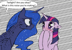 Size: 1280x905 | Tagged: safe, artist:silfoe, derpibooru import, princess luna, twilight sparkle, twilight sparkle (alicorn), alicorn, pony, :o, :t, blushing, confused, dialogue, eeee, female, floppy ears, freckles, frown, lesbian, mare, open mouth, royal sketchbook, shipping, shrunken pupils, smiling, twiluna, wide eyes