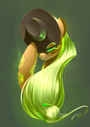 Size: 1021x1435 | Tagged: safe, artist:underpable, derpibooru import, applejack, queen chrysalis, changeling, changeling queen, earth pony, pony, disguise, evil grin, fake applejack, fangs, glowing eyes, grin, smiling, solo