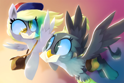 Size: 1500x1000 | Tagged: safe, artist:talonsofwater, derpy hooves, gabby, griffon, pegasus, pony, the fault in our cutie marks, colored pupils, cute, derpabetes, duo, female, flying, gabbybetes, hat, letter, mailbag, mailmare, mare, mouth hold