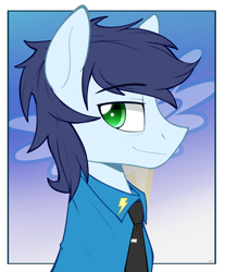 Size: 826x1000 | Tagged: safe, artist:higglytownhero, derpibooru import, soarin', pegasus, pony, alternate hairstyle, male, portrait, simple background, smiling, solo, stallion, wonderbolts dress uniform