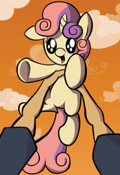 Size: 3900x5700 | Tagged: safe, artist:bronycurious, sweetie belle, human, pony, cute, diasweetes, hand, holding a pony