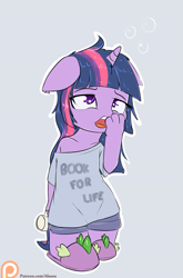 Size: 925x1400 | Tagged: safe, artist:alasou, derpibooru import, twilight sparkle, anthro, chibi, clothes, coffee mug, cute, floppy ears, morning ponies, patreon, patreon logo, shirt, simple background, slippers, solo, t-shirt, tired, twiabetes, yawn