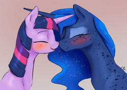 Size: 1280x905 | Tagged: safe, artist:silfoe, derpibooru import, princess luna, twilight sparkle, alicorn, pony, blushing, boop, cute, eyes closed, female, freckles, heart, horns are touching, lesbian, lunabetes, mare, noseboop, nuzzling, royal sketchbook, shipping, smiling, twiabetes, twiluna