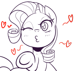 Size: 561x520 | Tagged: safe, artist:maren, derpibooru import, rarity, pony, unicorn, blowing a kiss, heart, kissy face, monochrome, solo, wink