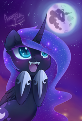 Size: 1600x2363 | Tagged: safe, artist:magnaluna, derpibooru import, nightmare moon, alicorn, pony, the cutie re-mark, alternate timeline, aw yiss, cute, fangs, filly, implied princess celestia, mare in the moon, moon, moonabetes, nightmare takeover timeline, nightmare woon, open mouth, solo