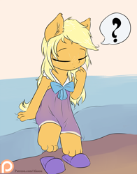 Size: 1100x1400 | Tagged: safe, artist:alasou, derpibooru import, applejack, anthro, plantigrade anthro, bed, chibi, clothes, cute, eyes closed, jackabetes, morning ponies, pajamas, patreon, patreon logo, pictogram, question mark, slippers, solo, speech bubble