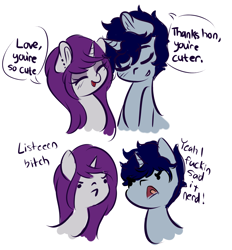 Size: 3901x4200 | Tagged: safe, artist:wickedsilly, oc, oc only, oc:sleepy head, oc:wicked silly, pony, angry, bust, comic, dialogue, dot eyes, ear fluff, ear piercing, eyes closed, female, male, oc x oc, open mouth, piercing, shipping, smiling, speech bubble, straight, vulgar, wickedsleepy