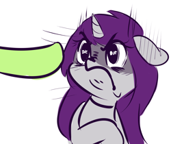 Size: 4366x3674 | Tagged: safe, artist:wickedsilly, oc, oc only, oc:anon filly, oc:wicked silly, pony, unicorn, >:c, angry, boop, boop denied, bust, die, faic, female, filly, floppy ears, frown, glare, hooves, imminent boop, non-consensual booping, nose wrinkle, offscreen character, simple background, unamused, white background, wingding eyes