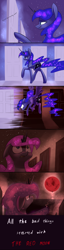 Size: 1280x4999 | Tagged: safe, artist:underpable, derpibooru import, princess luna, alicorn, pony, blood moon, bloodborne, comic, descriptive noise, door, just another luna blog, smiling, solo, surprised