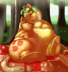 Size: 1280x1358 | Tagged: safe, artist:trinity-fate62, applejack, oc, earth pony, pony, apple, applefat, belly, canon x oc, fat, freckles, huge butt, large butt, obese, picnic, plot