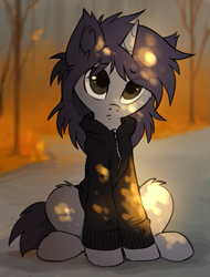 Size: 525x690 | Tagged: safe, artist:hioshiru, oc, oc only, oc:kate, pony, autumn, clothes, cute, fluffy, frown, head tilt, looking at you, pouting, sitting, solo