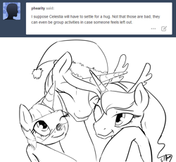 Size: 1280x1176 | Tagged: safe, artist:silfoe, derpibooru import, princess celestia, princess luna, twilight sparkle, twilight sparkle (alicorn), alicorn, pony, antlers, christmas, eyes closed, female, grayscale, group hug, hat, holiday, hug, mare, monochrome, royal sketchbook, santa hat, smiling