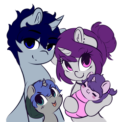 Size: 3792x3877 | Tagged: safe, artist:wickedsilly, oc, oc only, oc:daydream, oc:lullaby, oc:sleepy head, oc:wicked silly, pony, unicorn, :p, :t, baby, baby pony, blush sticker, blushing, choker, colt, cute, daaaaaaaaaaaw, ear fluff, ear piercing, eyes closed, family, family photo, female, foal, hoof hold, lidded eyes, looking at you, male, mare, no catchlights, oc x oc, offspring, parent:oc:sleepy head, parent:oc:wicked silly, parents:wickedsleepy, piercing, shipping, simple background, sitting, smiling, stallion, straight, tongue out, white background, wickedsleepy