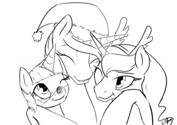 Size: 1280x905 | Tagged: safe, artist:silfoe, derpibooru import, princess celestia, princess luna, twilight sparkle, alicorn, pony, antlers, christmas, eyes closed, grayscale, happy, hat, hug, monochrome, wink