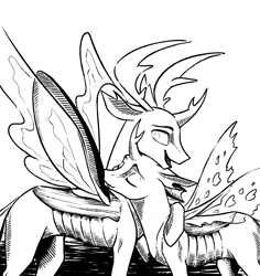 Size: 1134x1200 | Tagged: safe, artist:28gooddays, thorax, oc, oc:vertexthechangeling, changedling, changeling, black and white, changeling king, duo, eyes closed, fanfic art, grayscale, hug, king thorax, male, monochrome, quadrupedal, simple background, white background