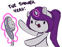 Size: 3625x2755 | Tagged: safe, artist:wickedsilly, oc, oc only, oc:wicked silly, pony, unicorn, dialogue, female, glowing horn, magic, mare, ponysona, shower head, simple background, smiling, solo, suggestive source, telekinesis, white background