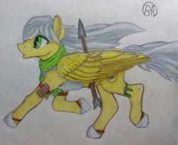 Size: 2474x2021 | Tagged: safe, artist:blastradiuss, oc, oc only, oc:radiant resplendence, pegasus, pony, armor, cleric, clothes, dungeons and dragons, pathfinder, pen and paper rpg, ponyfinder, rpg, scarf, solo, spear, traditional art, weapon