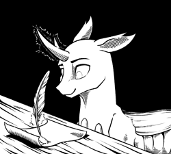 Size: 1336x1200 | Tagged: safe, artist:28gooddays, oc, oc:vertexthechangeling, changedling, changeling, black and white, changedling oc, changeling oc, fanfic art, grayscale, monochrome, quadrupedal, quill, solo, writing, writing desk (furniture)