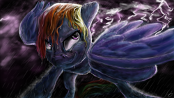 Size: 1600x900 | Tagged: safe, artist:fnafmangl, rainbow dash, sunshower raindrops, pegasus, pony, smirk, solo, thunderstorm, wet, wet mane