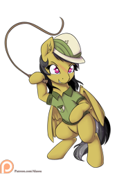 Size: 1200x1650 | Tagged: safe, artist:alasou, derpibooru import, daring do, pony, bipedal, grin, hoof hold, patreon, patreon logo, simple background, solo, transparent background, whip, whip marks