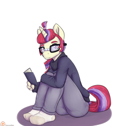 Size: 1500x1650 | Tagged: safe, artist:alasou, derpibooru import, moondancer, anthro, plantigrade anthro, adorkable, book, clothes, cute, dancerbetes, dork, glasses, looking at you, pants, patreon, patreon logo, simple background, socks, solo, transparent background