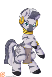 Size: 1200x1800 | Tagged: safe, artist:alasou, derpibooru import, zecora, zebra, bipedal, loincloth, looking at you, patreon, patreon logo, rearing, simple background, smiling, solo, transparent background