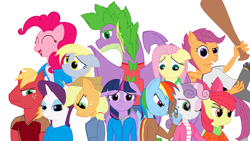 Size: 7000x3952 | Tagged: safe, artist:piolloverdades, derpibooru import, apple bloom, applejack, big macintosh, fluttershy, pinkie pie, rainbow dash, rarity, scootaloo, spike, sweetie belle, twilight sparkle, twilight sparkle (alicorn), anthro, clothes, cutie mark crusaders