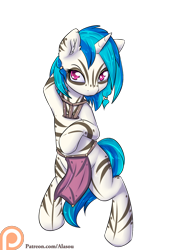 Size: 1050x1500 | Tagged: safe, artist:alasou, derpibooru import, dj pon-3, vinyl scratch, pony, unicorn, alternate timeline, arm behind head, armpits, bipedal, chrysalis resistance timeline, dancer, ear fluff, loincloth, patreon, patreon logo, simple background, solo, transparent background, tribal