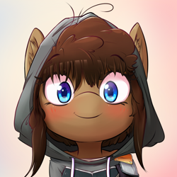 Size: 800x800 | Tagged: safe, artist:hoodie, oc, oc only, oc:latch, blushing, bust, clothes, cute, gradient background, hoodie, looking at you, portrait, smiling, solo