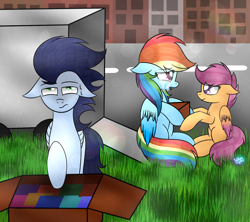 Size: 1024x910 | Tagged: safe, artist:northlights8, rainbow dash, scootaloo, soarin', pegasus, pony, crying, fanfic art, floppy ears, male, moving van, shipping, soarindash, straight